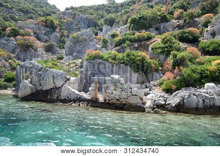 The Ruins Of The City Of Mira, Kekova, An Ancient Megalithic City Destroyed By An Earthquake.