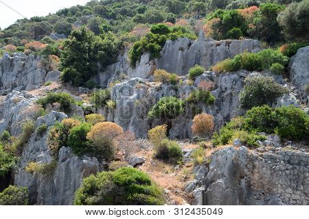 The Ruins Of The City Of Mira, Kekova, An Ancient Megalithic City Destroyed By An Earthquake.