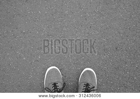 Feet In Canvas Shoes Standing On Street - Foot Selfie From Personal Perspective Point Of View - Asph