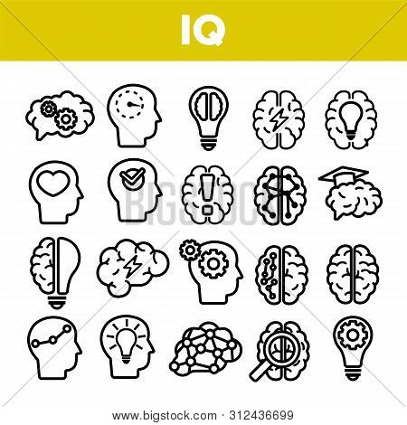 Iq, Intellect Linear Icons Set. Intelligence Coefficient, Iq Thin Line Contour Symbols. Brain Power 