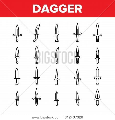 Dagger, Sharp Weapon Thin Line Icons Set. Dagger, Dirk, Metal Instrument For Self-protection. Mediev