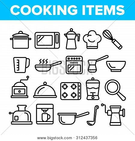 Cooking Items Thin Line Icons Set. Cooking Accessories Linear Illustrations. Kitchen Equipment, Elec
