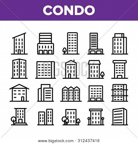 Dwelling House, Condo Linear Icons Set. Condo, Apartment Buildings Thin Line Contour Symbols Pack. R