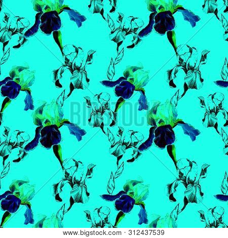 Floral Seamless Pattern With Hand Drawn Ink Iris Flowers On Turquoise Background. Flowers Lined Up I
