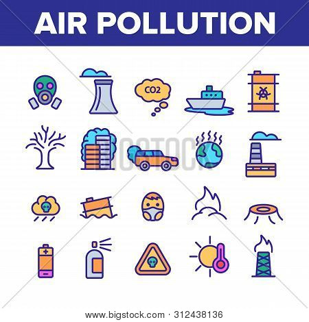 Environmental Air Pollution Linear Icons Set. Smog, Toxic Waste, Co2 Air Pollution Thin Line Illustr