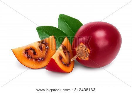 Fresh Tamarillo Fruit With Leaves Isolated On White Background