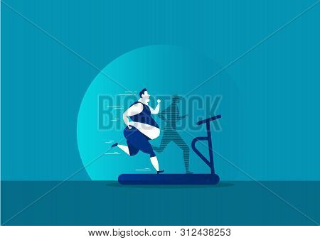 Man Exercise With Fat Turning Into Silhouette Thin For Health On Blue Background