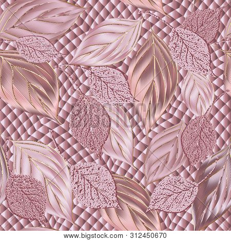 Leafy 3d Vector Seamless Pattern. Textured Surface Geometric Background. Rose Gold Ornamental Repeat