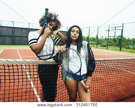 Young Pretty Girlfriends Hanging On Tennis Court, Fashion Stylish Dressed Swag, Best Friends Happy S