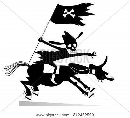 Skull Headed Man Looks Like Death Rides On The Horse Illustration. Man With Skull Head Holds A Flag 