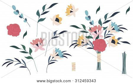 Flower Pink Rose, Green Leaves. Bundle Of Bouquets. Set Of Decorative Floral Design Elements. Flat C