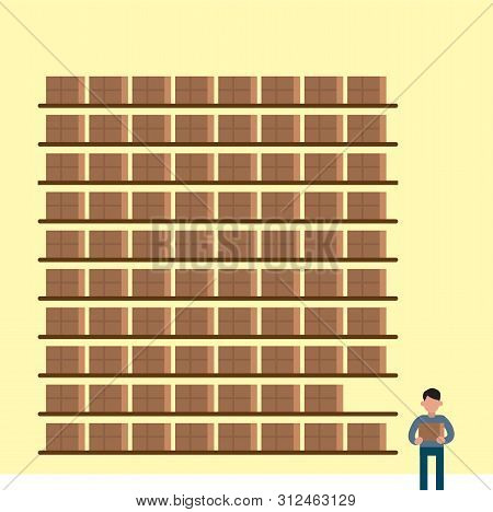 Cartoon Warehouse, Giant Stock Supply With Little Man Standing Around Holding Box. Storage Place Inf
