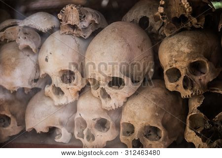 Human Skulls And Remains From Khmer Rouge Massacre.