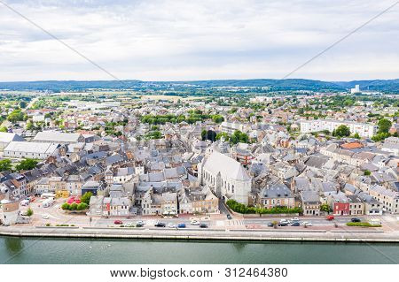 Historical Medieval Givet Town Center With Towers And Churches Near Fortress Of Charlemont On The Be