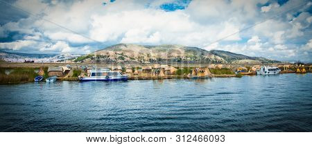 Uros, Peru - Jan 5, 2019. Uros floating islands on Titicaca lake in Puno, Peru, South America.