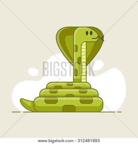 Green Snake That Looks Prey. Dangerous And Poisonous Animal In The Wild. Flat Vector Illustration