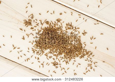 Lot Of Whole Dry Caraway Fruits Flatlay On White Wood