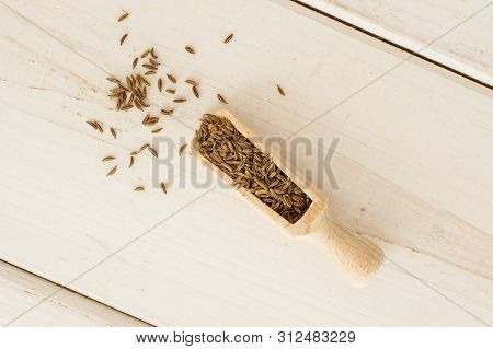Lot Of Whole Dry Caraway Fruits With Wooden Scoop Flatlay On White Wood