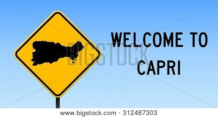Capri Map Road Sign. Wide Poster With Island Outline On Yellow Rhomb Signboard. Vector Illustration.