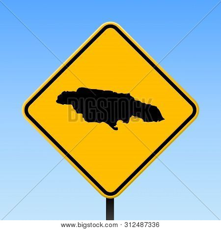 Jamaica Map Road Sign. Square Poster With Country Outline On Yellow Rhomb Signboard. Vector Illustra