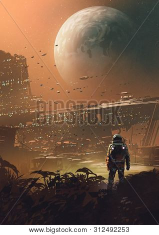 Astronaut Looking At Futuristic City In The Planet, Digital Art Style, Illustration Painting