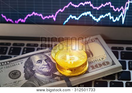 The Golden Bitcoin Is Stacked On Keyboard And Graph Index Background, Conceptual Image For Worldwide