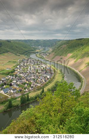 Panoramic Image Of The Moselle Village Ernst Close To Cochem On A Dully Day In Springtime, Germany