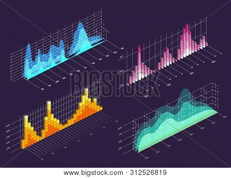Isometric Wave Charts. Color 3d Waves Graphics For Data And Finances Concepts Or Statistics, Infogra