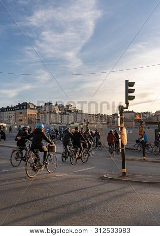 Editorial 28.03.2019 Stockholm Sweden People Heading Home From Work On Bicycles On A Spring Evening 