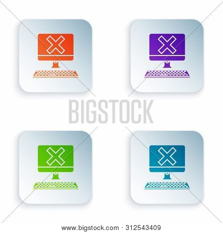 Color Computer With Keyboard And X Mark Icon Isolated On White Background. Error Window, Exit Button