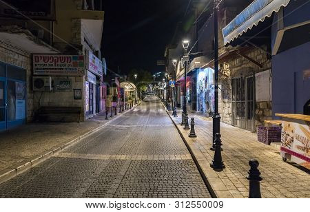 Safed, Israel, July 19, 2019 : Night View Of Jerusalem Street In The Old City Of Safed In Northern I