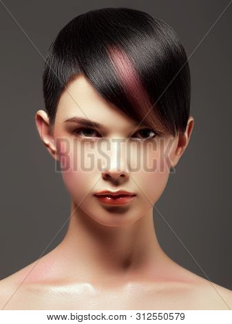 Hair Salon. Trendy Hair Style. Short Haircut. Hairdressing. Fashion And Beauty Concept. Portrait Of 