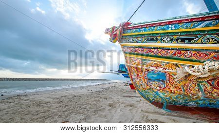 Songkhla, Thailand - Feb. 2, 2019 : The Colorful Pattern Of Koleh Boat At Ban Bo Mas Beach, Songkhla