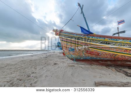 Songkhla, Thailand - Feb. 2, 2019 : The Colorful Pattern Of Koleh Boat At Ban Bo Mas Beach, Songkhla