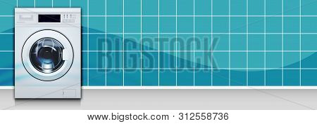 Washing Machine Front Loading In Empty Laundry Room Background Turquoise. 3d Realistic Vector Illust