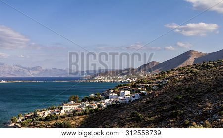 Scenic View To Mirabello Bay And Elounda Town In Crete Island, Greece