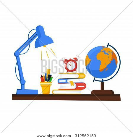 Banner With Education Supplies. Back To School. Stack Of Books, Globe, Lamp, Stand With Pencils And 