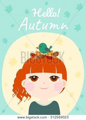 Autumn Season,cute Girl And Little Bird On Head.
