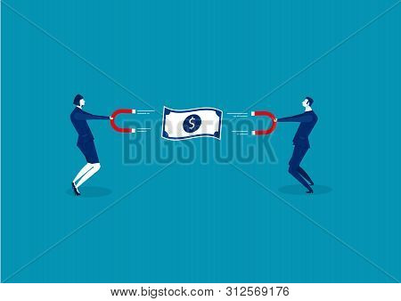 Business Man And Woman Holding A Big Magnet And Attracting Money. Investment Attraction Concept. Vec