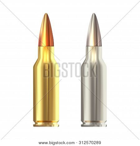 Realistic Vector Rifle Bullets Islated On White Background. Shiny Rifle Bullets.