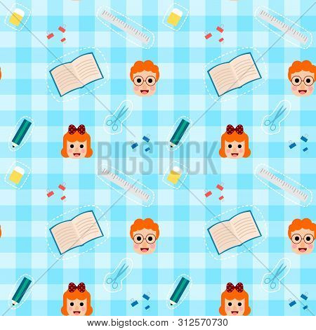 Seamless Pattern School Equipment List With Boy And Girl.