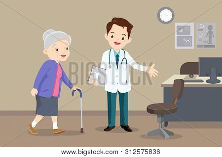 Elderly  Walking.docter Helps  Grandmother To Go To The Walker. Caring For The Elderly.doctor And Ol