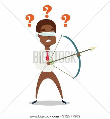 Blindfolded Black African American Businessman Shooting Arrow. Missed The Target.