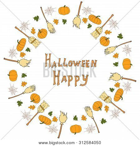 Pumpkin Orange, Panicles, Cobwebs And Leaves Will Help Create A Mood For The Holiday Of Autumn. Vect