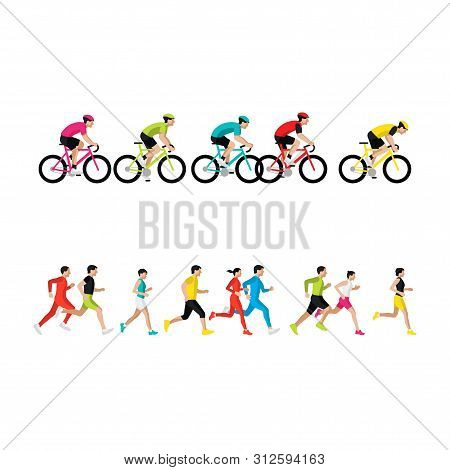 Marathon Runners. Bicycle Riders. People Run Side View. Cyclists Ride Side View. Bicycle Racing