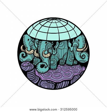 Disc Planet Earth Rests On An Elephant, And A Turtle. Comic Cartoon Pop Art Retro Vector Illustratio