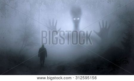 Tenebrous Landscape In The Forest With Alien Observing