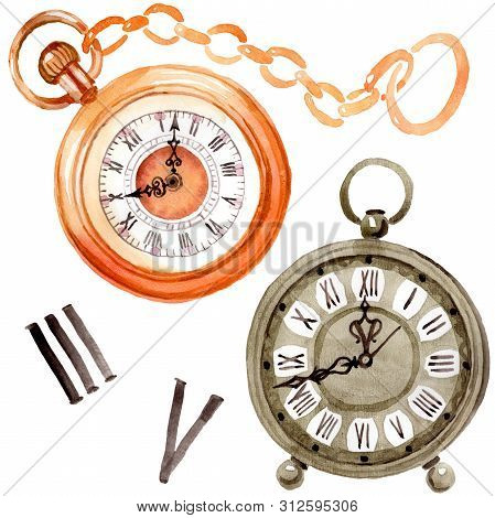 Vintage Old Clock Pocket Watch. Watercolor Background Illustration Set. Isolated Clocks Illustration