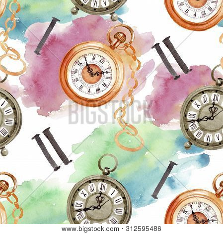 Vintage Old Clock Pocket Watch. Watercolor Background Illustration Set. Seamless Background Pattern.