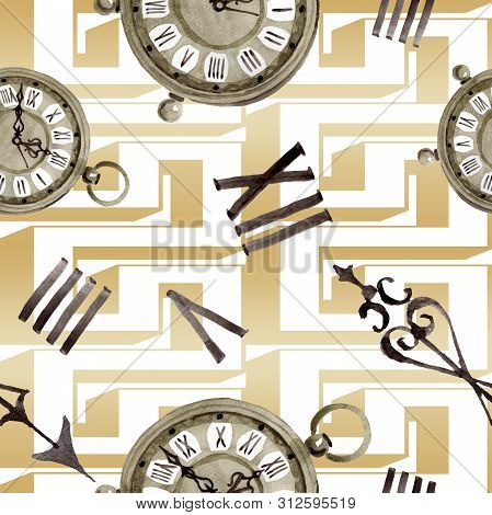 Vintage Old Clock Pocket Watch. Watercolor Background Illustration Set. Seamless Background Pattern.